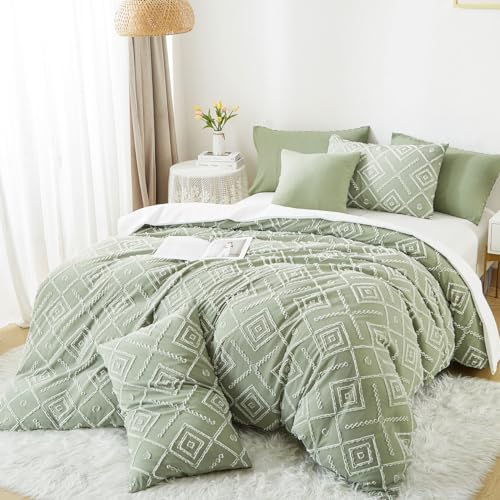 Sedefen Housse de Couette 220x240 cm Beige Tuftée Bohème Parure de Lit 2 Personnes Adulte Ado Shabby Chic Broderie Boho Linge de lit Avez Fermeture Éclair et 2 Taies d'oreiller 65x65cm