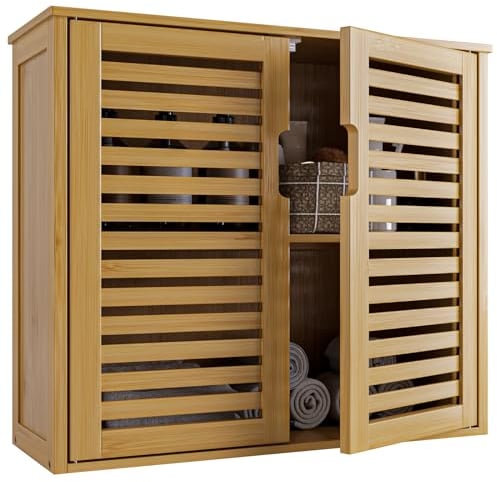 HITNET Bambus Wandschrank, Badezimmer Hängeschrank, Medizinschrank Hängend mit 2 Türen und Verstellbaren Regalen über der Toilette, Badschrank Wandmontage, Natur