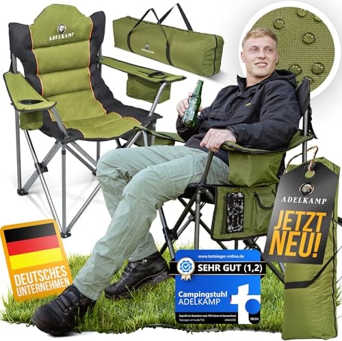 ADELKAMP Campingstuhl Faltbar [Dick gepolstert] Ultragroß | Hoher Komfort | 150kg Belastbar | Mit Kühltasche & Getränkehalter – Testsieger 2024, Luxus Premium, Olivgrün
