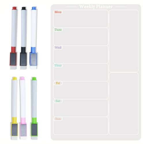 JJQHYC Magnetic Weekly Planner for Fridge, 30 x 20cm, Clear Acrylic Weekly Meal Planner Magnetic Fridge Planner Weekly Calendar with 6 Markers