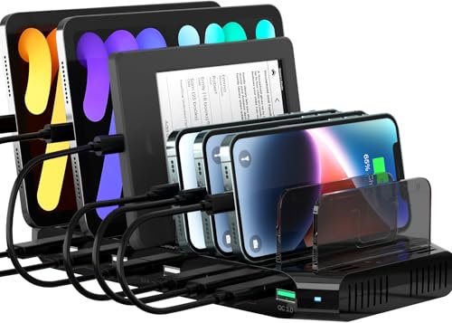 SUIDEK Ladestation mit 10 Anschlüssen für mehrere Geräte, 60W Ladestations mehrere Geräte, Multi-Ladestation mit QC3.0-Anschluss und verstellbaren Trennwänden, kompatibel mit Tablets, Smartphones