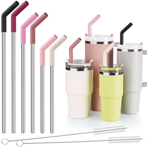 Tomorotec 6-Pack Stainless Steel Reusable Straw with Silicone Tip 3 Sizes, Metal Drinking Straws Fit for Stanley Quencher Tumblers 40oz, 30oz, 20oz, 14oz, Cleaning Brushes Included (Gradient)