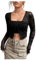 GORGLITTER Women's Sheer Mesh Tie Front T Shirt Long Sleeve V Neck Tee Sexy Crop Tops Lightweight Cardigan Black S