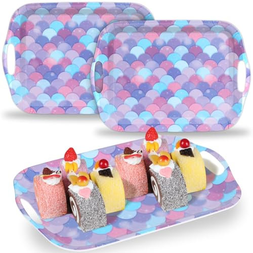 gisgfim 3Pcs Summer Mermaid Serving Trays with Handles 14 x 10 Inch Large Melamine Tray Rectangular Ocean Serving Platter Tray Melamine Dishes for Serving Food Outdoor Dinner Dessert Plate Party Set