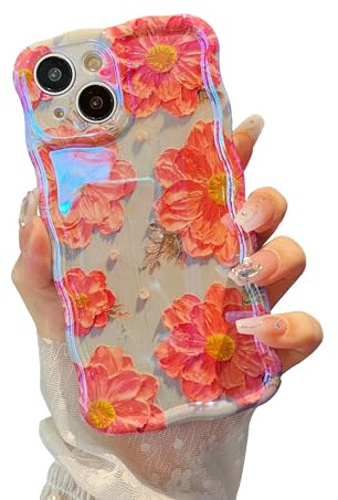XIZYO Wave Flower Case for iPhone 14 Plus/15 Plus, Pink Flower/Green | Colorful Retro Oil Painting Design, Curly Wave Frame, Laser Glossy, Cute Aesthetic Floral Pattern, Slim Shockproof, Soft TPU
