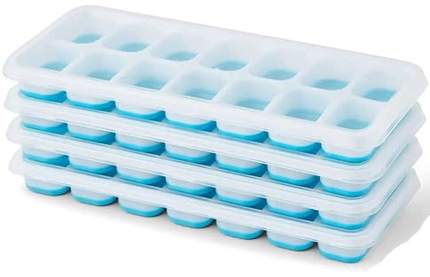 EVOKK Reusable Silicone Blue Ice Cube Trays, 4 Pack Ice Cube Tray with Lid Easy-Release 56-Ice Trays, BPA Free, Durable and Dishwasher Safe.