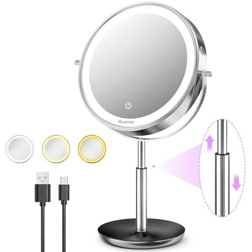 Auxmir 20X Magnifying Mirror with Lights, 8'' Double Sided Makeup Mirror, Height Adjustable 3 Color Dimmable Mirrors with Touch Screen, Rechargeable 360° Free Standing Vanity Mirrors for Bedroom