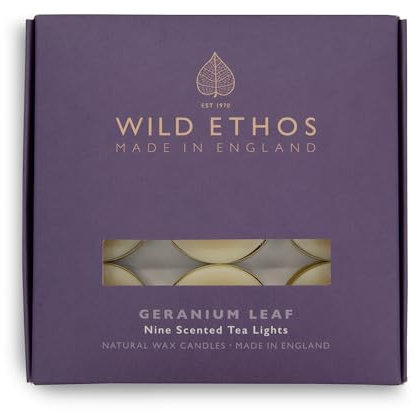 Wild Ethos Scented Tea Lights - Natural Wax - Long Lasting & Blended Natural Essential Oils - Pack of 9 - Made in The UK - Select Your Scent (Geranium Leaf)