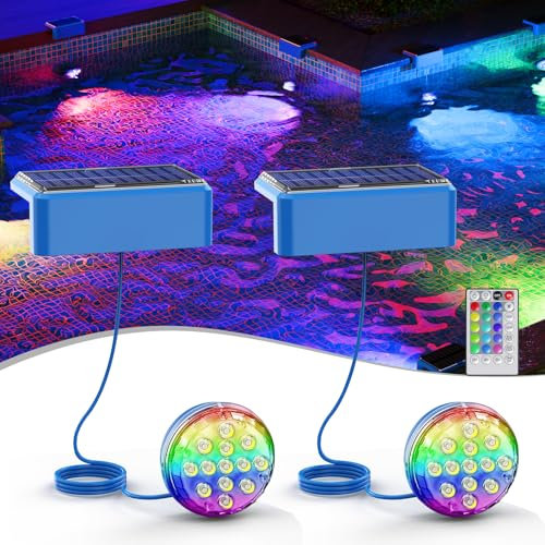 Quntis Luci Piscina Solari a Immersione IP68 Impermeabili Illuminazione Solare Piscina con Telecomando, Luci per Piscina Subacquea LED RGBCW Luce Piscina Magnetiche per Esterno Laghetto Festa 2 Pezzi