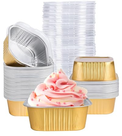 40 Pack Mini Cake Pans with Lids, 5oz Square Aluminum Foil Brownie Baking Cups, Muffin Tin Ramekins, Disposable Dessert Cupcake Cups for Wedding Birthday Party, Gold