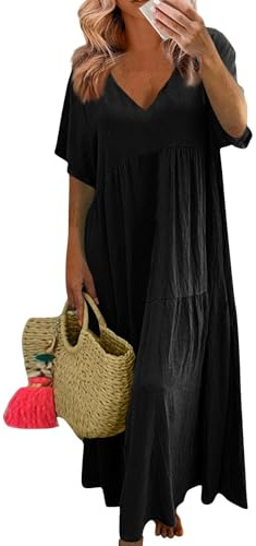 Sommerkleider Damen Leicht Und Luftig Lang Kleider Damen Sommer Maxi Elegant Plissee Maxikleid Damen Sommer A Linie V Ausschnitt Sommerkleid Frauen Große Größen Kurzarm Kleid üBergröße Locker