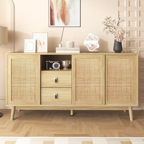 HYSZ Aparador con 3 puertas correderas de ratán auténtico y 2 cajones, 155 x 38 x 80 cm, transpirable, estable y versátil