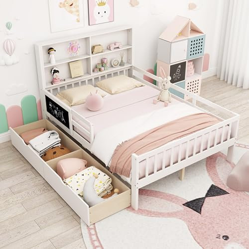 GYMAX Wooden Kids Bed Frame, Children Floor Bed with Guardrails, Bookcase, 2 Drawers, Headboard and Blackboard, White Toddler Bedframe for Boys Girls, No Box Spring Needed (Double:200x143x120cm)