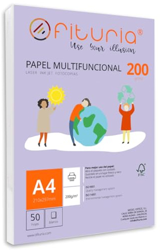 Packung mit 50 weißen DIN A4 Blättern, 200g Druckerpapier. Multifunktionales Kopierpapier für Schule und Büro. Ideal für Laserdrucker, Tintenstrahldrucker oder Kopierer – Ofituria