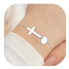 Esmoly Armband Damen Silber 925 Kreuz Armbands 18k Vergoldung Armband mit Buchstaben Geschenke für Frauen Mädchen (Silber L)