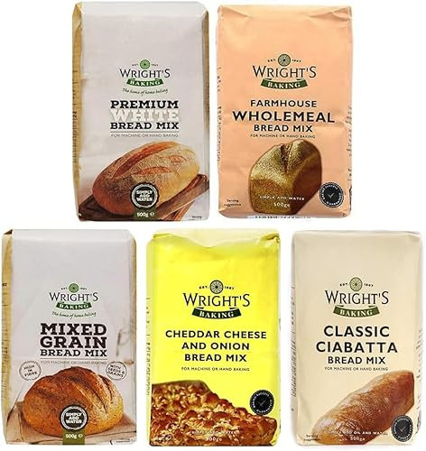 Wright's Baking Bread Mix Selection Pack - Premium White, Farmhouse Wholemeal, Mixed Grain, Cheddar Cheese & Onion, Classic Ciabatta (One of Each 500g Pack) (NP)