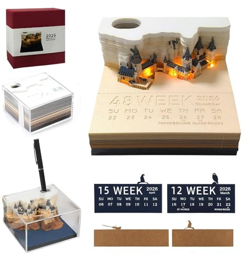 XUXLEKK 3D-Notizblock, 3D Kalender 2026 Tischkalender, 3Ds Kalender Abreißen 2026 Schreibtischkalender,Magic Castle Wochenkalender Notizblock mit Licht Kreatives Tischkalender Geschenk für Weihnachten