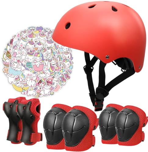 Kids Bike Helmet Set,CPSC Certified with Knee Elbow Wrist Pads Guards,Toddler Adjustable Black Helmet for Ages 2-3-5-8 Girls Child,Sports Protective Gear Set for Bicycle Skate Scooter Red