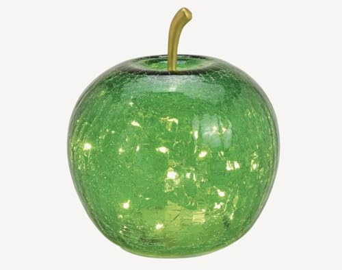 Seyila Home Dekorative Glas Apfel Leuchte mit LED Beleuchtung und Timer (unten), Crackle-Effekt Glas, Goldener Stiel, Weihnachtsdeko, Lampe (Dunkelgrün, 22 cm)