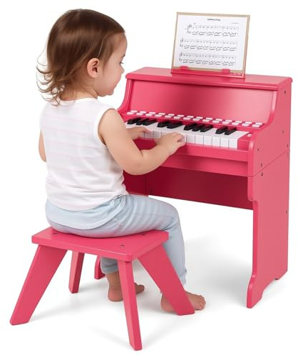 GOPLUS 25-Tasten Kinder Keyboard, elektronisches Kinderklavier mit Hocker, Leuchttasten-Piano, elektrisches Holzklavier mit Notenhalter, Lehrmodus, Musikinstrument für Kinder ab 3 Jahren (Rosa)