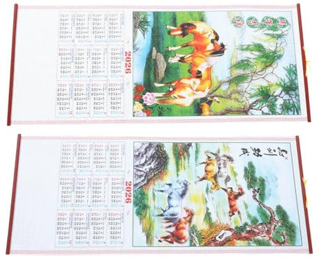 RUNROTOO Wandkalender 2026 Jahr des Pferdes 2 Stück Rattanoptik Kalender mit Mond und Gregorianischem Kalender für Wohnheim und Büro