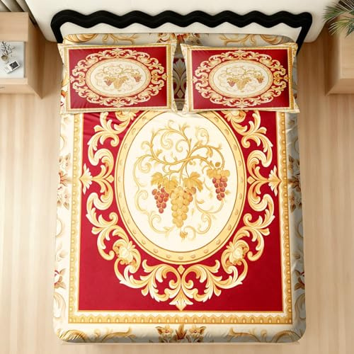 Spannbettlaken Vintage Viktorianisch Luxuriöser Barock Bettlaken 90x200cm | 90x200cm Elegant Rot Gold Spannbetttuch Boxspringbett Spannleintuch für 30 cm Höhe Matratze mit 1 Kissenbezüge
