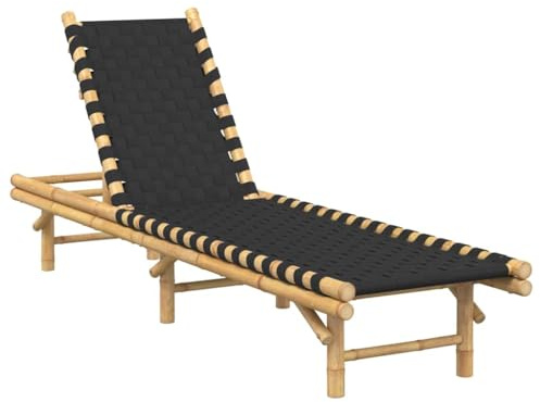 YUTAASU Lettino prendisole in bambù con cinghia intrecciata nera, 55 x 200 x 30 cm, schienale regolabile per piscina, terrazza, giardino