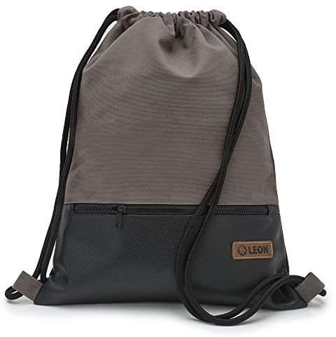 By Bers LEON Turnbeutel, große Reißverschluss Außentasche, Innentaschen Innenfutter Rucksack Tasche Damen Männer Hipster Beutel Veganes Leder Gym Bag Draw String (Grau_Schwarz_PU)