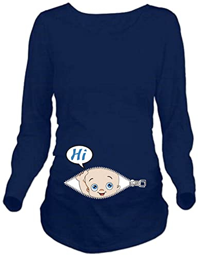 Q.KIM T-Shirt de Maternité Femme Maternité Grossesse Amusant Humour Imprimé-Hi série Manches Longues, Bleu L