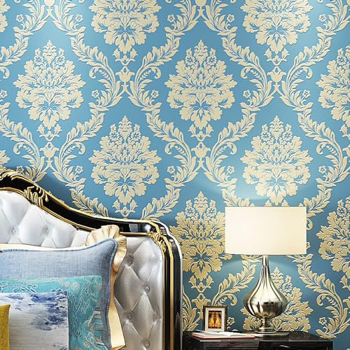 10X0.53M 3D 7 Colors Shiny Crystals European Gold Damask Flock Textured Non-Woven Wallpaper Roll for Bedroom Livingroom 1.73' W x 32.8' L=5.3㎡ (57sq.ft) (Blue)