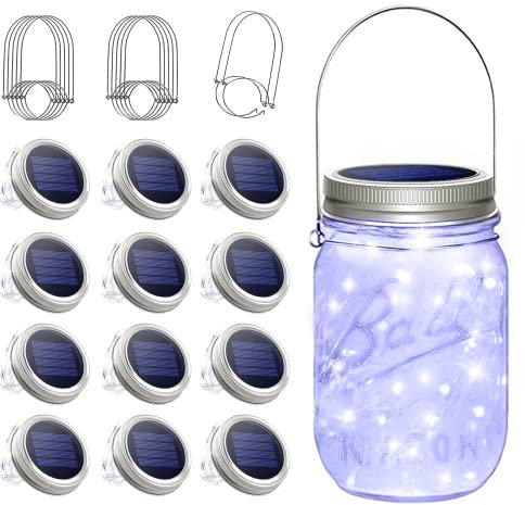 SunKite Solar Mason Jar Lights, 12 Pack 30 LED Waterproof Fairy Firefly Jar Lids String Lights with Hangers(NO Jars), Patio Yard Garden Wedding Decoration - Cool White