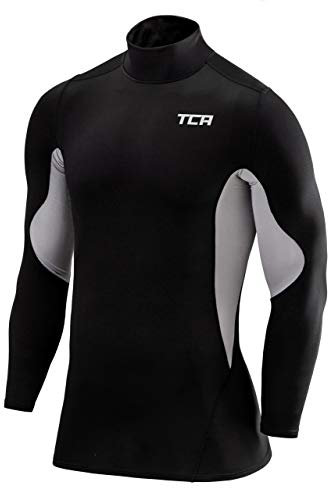 TCA Men's SuperThermal Compression Base Layer Football Running Top Long Sleeve Thermal - Mock Neck - Black/Cool Grey, XL