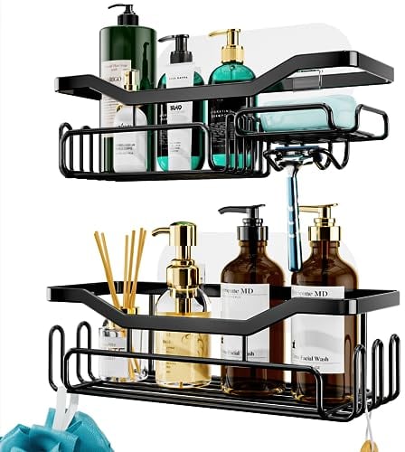 HapiRm Duschablage Ohne Bohren - Duschregal Ohne Bohren für Badezimmer und Küche, Duschkorb mit 11 Haken Seifenschale Rasiererhalter Shampoo Halterung für Dusche, Badezimmer Organizer, 3 Aufkleber