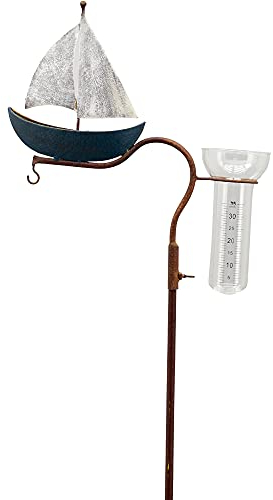 matches21 Regenmesser Niederschlagsmesser Segelboot Schiff Gartendeko Metall Metalldeko weiß blau 1 STK 32x8x110 cm