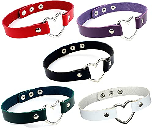 Aabellay 5PCS Breit Lederhalsband Halskette Damen Leder Choker Metall Herz Halsband Gotik Punk Rock Lederband Einstellbar Kragen - Schwarz Weiß Rot Grün Lila