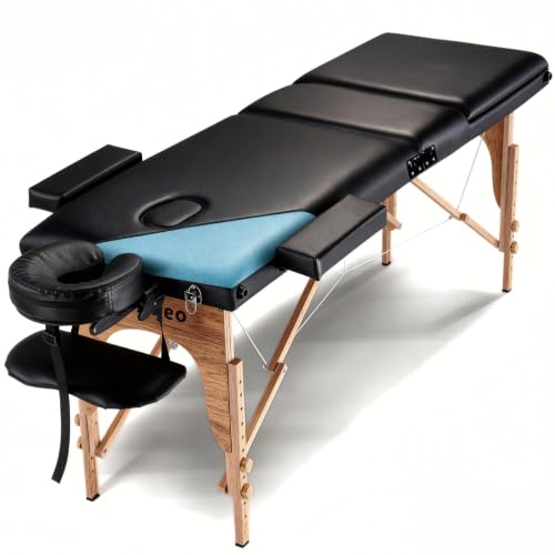 Tragbare Massageliege 3 zusammenklappbare Massageliege Professionelle SPA Reiki Wimpern Salon Bett, Holzrahmen Höhenverstellung & Zubehör, Schwarz