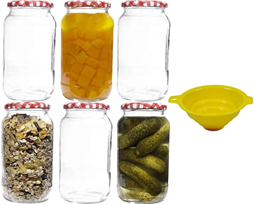 mikken Lot de 6 bocaux de 1 l avec couvercle à visser rouge/blanc à carreaux et entonnoirs