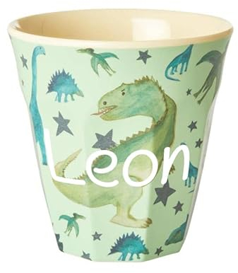 Elfenstall Rice Becher mit Wunsch-Namen personalisiert - zu Nikolaus, Weihnachten oder Geburtstag (Dino, Medium)