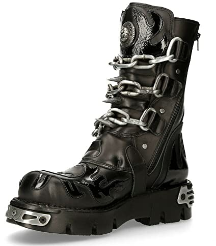 New Rock Stivali a Metà Polpaccio 727-S1 in Pelle Nera Metallizzata con Spilli Stivali Punk Rock Gotici 10