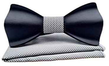 MM FASHION Holzfliege männer holz - Fliege herren aus Bambus mit Einstecktuch - geprägte hölzerne - Elegante Herrenfliege für Anzug, Hochzeit, Business, Party – Bow Tie Men Geschenk (silver)