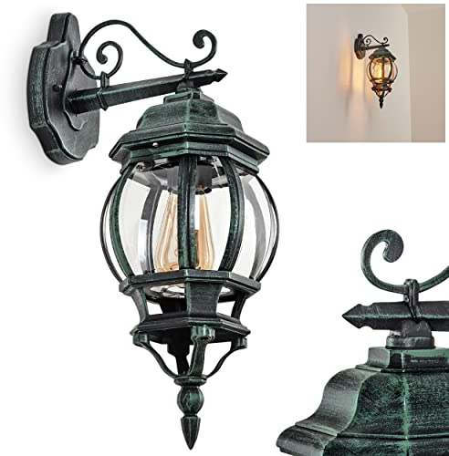 Außenwandleuchte Lentua, Wandlampe abwärts in antikem Look aus Metall/Kunststoff in Schwarz/Grün/Klar