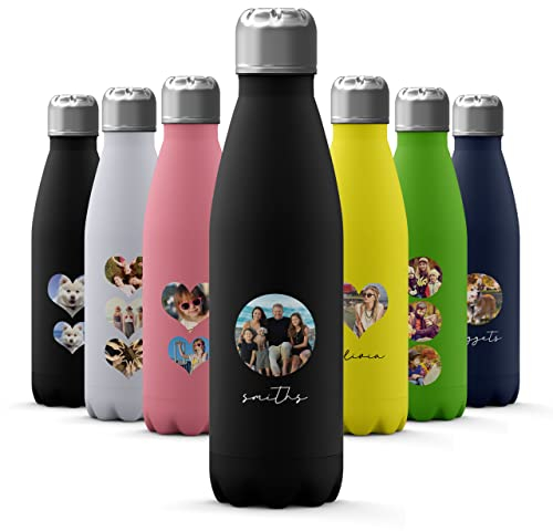 Tirita Custom Photo Personalised Water Bottle - Thermal Travel Flask - Insulated Stainless Steel Bottle - Gym, Office, School Drink - 500ml [12- Photo Circle with Name on Black]