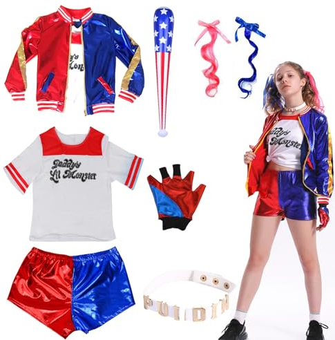 Cosplay Kostüm für Erwachsene-8Stück, Damen Bösewicht Kostüm Set mit Jacke T-shirt Shorts Handschuhe Socken Kragen Dekorierte Perücke, für Halloween Karneval Cosplay Erwachsene Kostüm (XL)