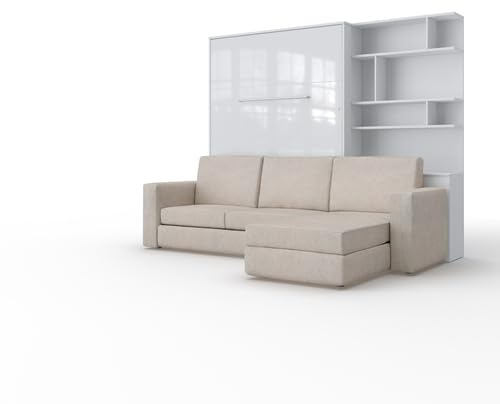 MAXIMAHOUSE Schrankbett vertikal Invento LED 140V (140x200) mit Ecksofa Milo und Regal (Weiß/Weiß Glanz + beiges Ecksofa + Regal)