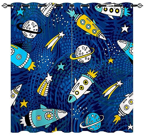 YUANZU Raketen Raum Vorhänge Kinder Doodle Planet Stern Ösen Gardinen mit Blickdichte Vorhang Kälteschutz Blackout Curtain Kinderzimmer Schlafzimmer Verdunkelung Fenster, 2 Stück, H 220 x B 140 cm