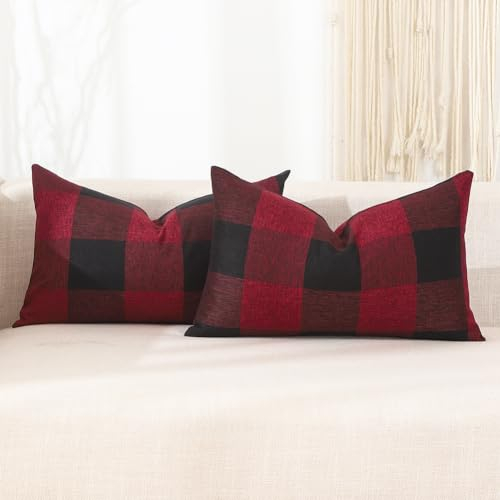 CARRIE HOME 30,5 x 50,8 cm große Weihnachts-Lendenkissenbezüge, Set mit 2 roten und schwarzen Büffelkaros, dekorative Kissen, Vintage-Weihnachtslandhaus-Dekoration für Wohnzimmer, Couch, Sofa (ohne