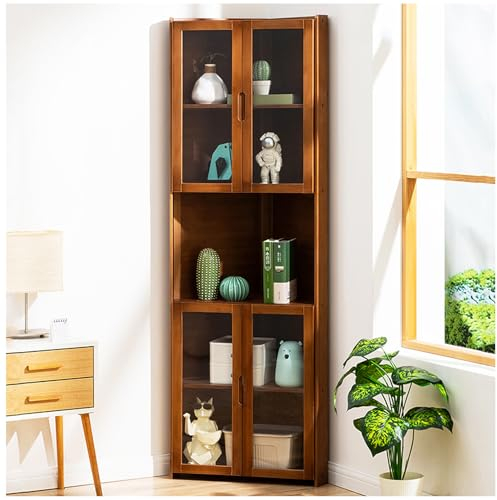 ARMERI Armario Esquinero Alto, Librería Independiente de Bambú con Dos Puertas Transparentes y Estantes, Vitrina Esquinera de 5 Niveles para Sala de Estar, Cocina,A,60×166cm/23.6×65.3in