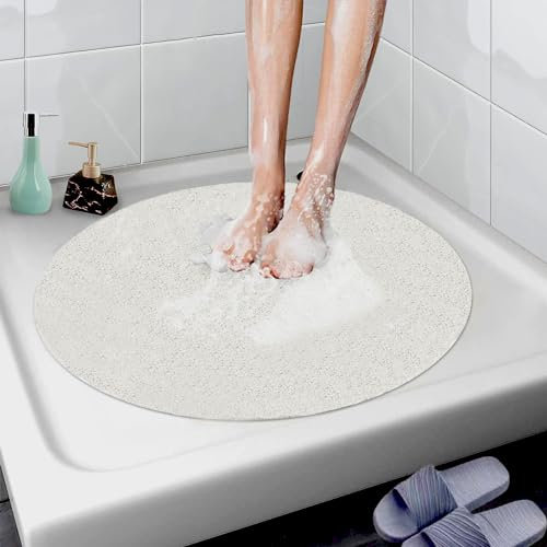 AMOMYDOG Tapis de Douche Rond 60 cm, Antidérapant, Anti-Moisissure, Anti-Bactérien, en Luffa et PVC, Doux pour Salle de Bain et Zones Humides (Blanc)