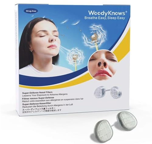 Filtri nasali WoodyKnows Super-Defensa, aiuto per le allergie stagionali e l'inquinamento industriale, protezione per il trasporto pubblico (Narice Stretta, M, 3 Filtri+24 Sostituzioni)