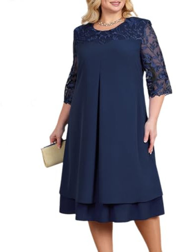 OBEEII Women's Plus Size Chiffon Dress Half Sleeve Round Neck Floral Embroidery Party Wedding Guest Cocktail Dress UK Navy 4XL